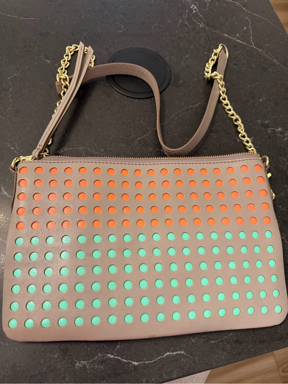 Fossil Gray Crossbody with Melon and Mint Dot Accents